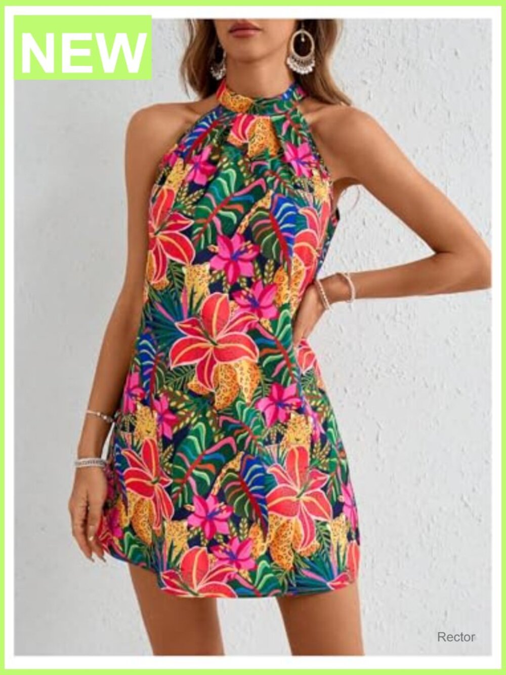 Sleeveless Floral Sundress Halter Neck A-Line Short Dress - Picture 3 of 5